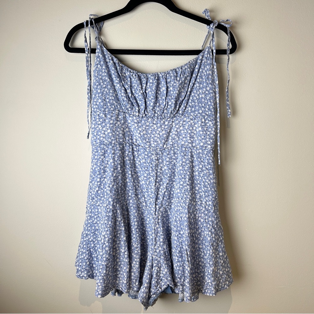 Blue Floral Romper with Tie Straps